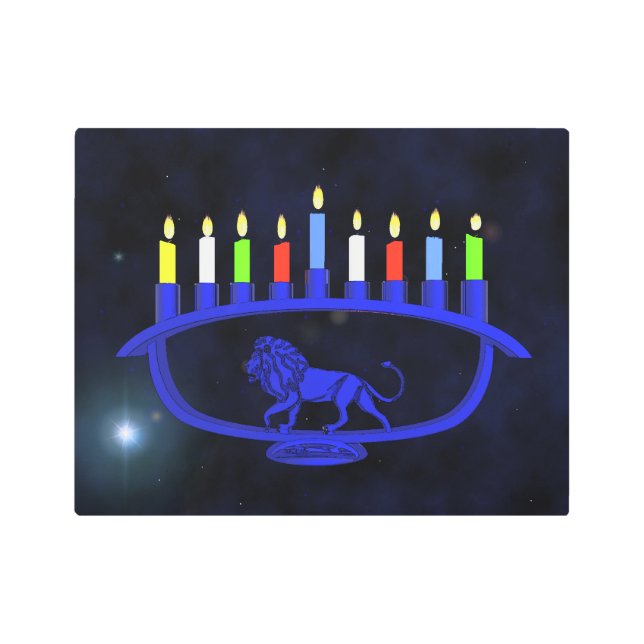 Impresión En Metal León azul Menorah (Anverso)