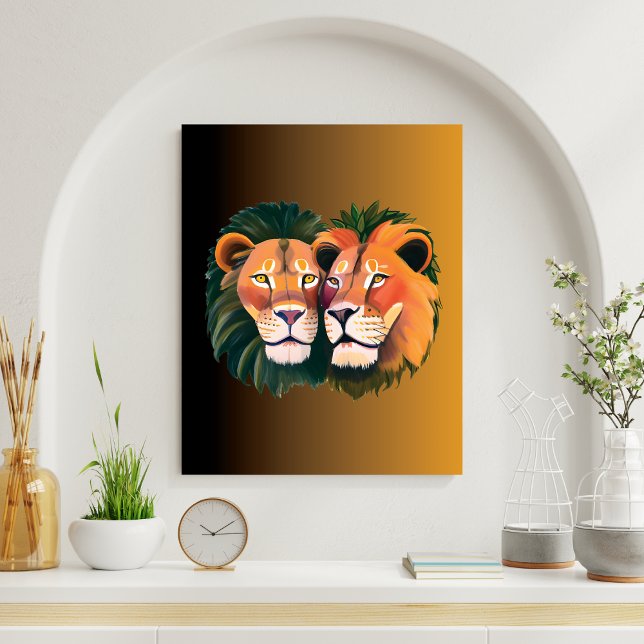 Impresión En Metal Leones en la imagen de lona marrón amorosa (Lions in Love Brown Canvas Print)