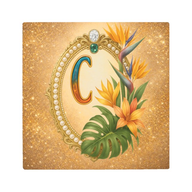 Impresión En Metal Letter C Tropical Monogram Gold Metal Wall Art (Anverso)