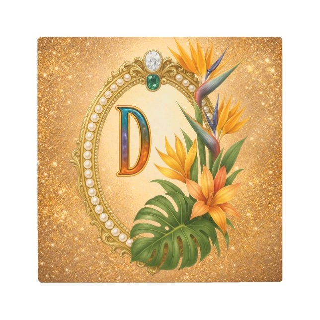 Impresión En Metal Letter D Tropical Monogram Gold Metal Wall Art (Anverso)