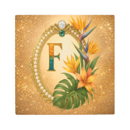 Impresión En Metal Letter F Tropical Monogram Gold Metal Wall Art
