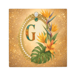 Impresión En Metal Letter G Tropical Monogram Gold Metal Wall Art