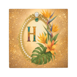 Impresión En Metal Letter H Tropical Monogram Gold Metal Wall Art