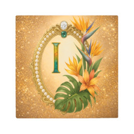 Impresión En Metal Letter I Tropical Monogram Gold Metal Wall Art