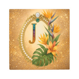 Impresión En Metal Letter J Tropical Monogram Gold Metal Wall Art