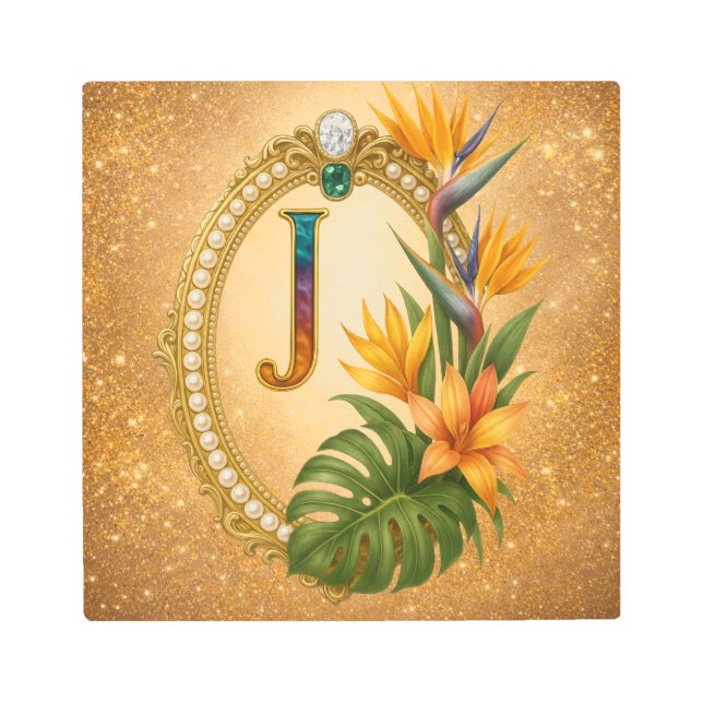 Impresión En Metal Letter J Tropical Monogram Gold Metal Wall Art (Anverso)