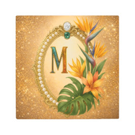 Impresión En Metal Letter M Tropical Monogram Gold Metal Wall Art