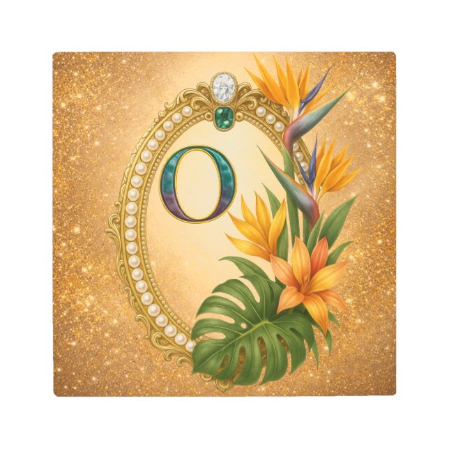 Impresión En Metal Letter O Tropical Monogram Gold Metal Wall Art (Anverso)