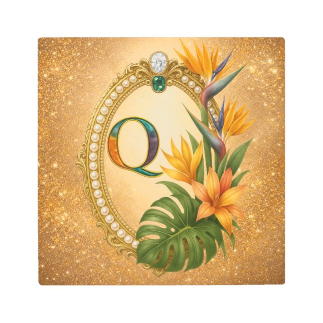 Impresión En Metal Letter Q Tropical Gold Monogram Metal Wall Art (Anverso)