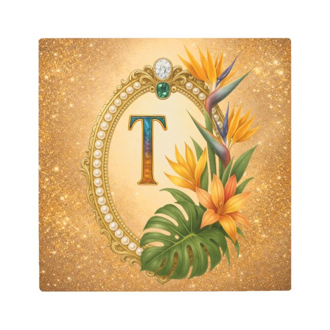 Impresión En Metal Letter T Tropical Gold Monogram Metal Wall Art (Anverso)