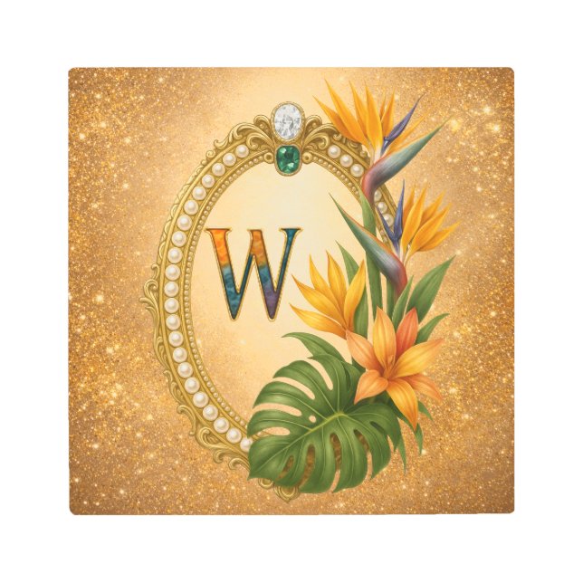 Impresión En Metal Letter W Tropical Gold Monogram Metal Wall Art (Anverso)