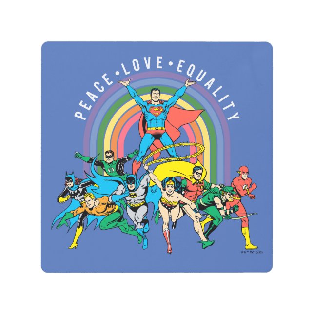 Impresión En Metal Liga de Justicia Original - Paz, Amor, Igualdad (Anverso)