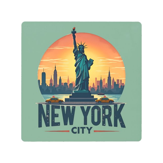 Impresión En Metal Línea aérea retro de Nueva York con estatua de la  (Anverso)