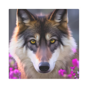 Impresión En Metal Lobo joven en flor rosa fucsia