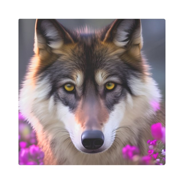 Impresión En Metal Lobo joven en flor rosa fucsia (Anverso)