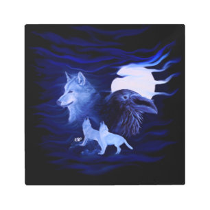 Impresión En Metal Lobos y Raven con luna llena