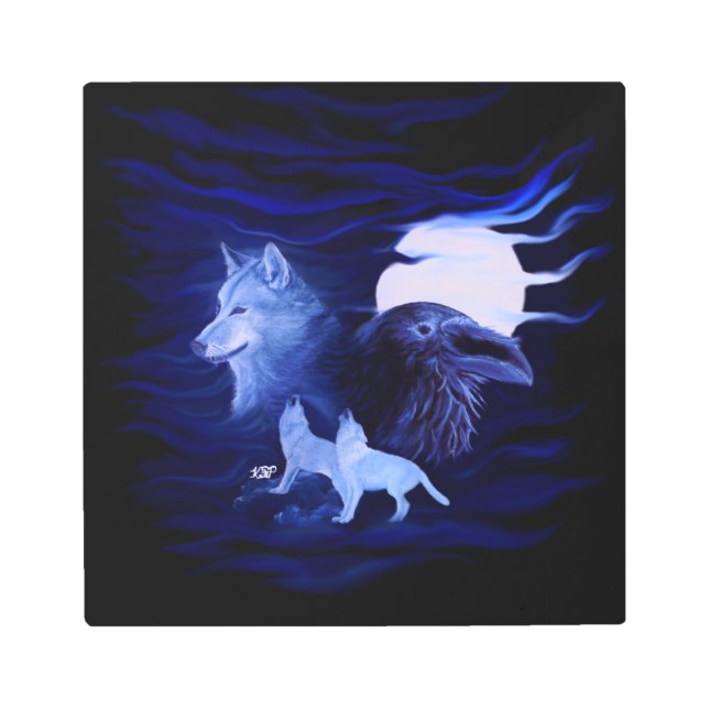 Impresión En Metal Lobos y Raven con luna llena (Anverso)