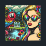 Impresión En Metal Loro lindo y mujer hermosa en el jardín<br><div class="desc">Arte retro de arte pop estilo cómico arte hermosa mujer con gafas de sol con un loro bonito colorido por ella. Está rodeada de naturaleza,  un estanque y flores.</div>