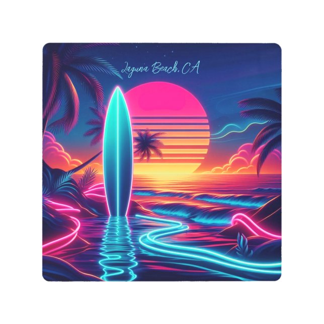 Impresión En Metal Luces de neón de la tabla de surf del atardecer- (Anverso)