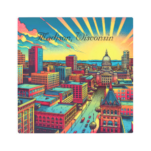 Impresión En Metal Madison, línea aérea de Wisconsin City al atardece