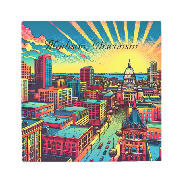 Impresión En Metal Madison, línea aérea de Wisconsin City al atardece (Anverso)