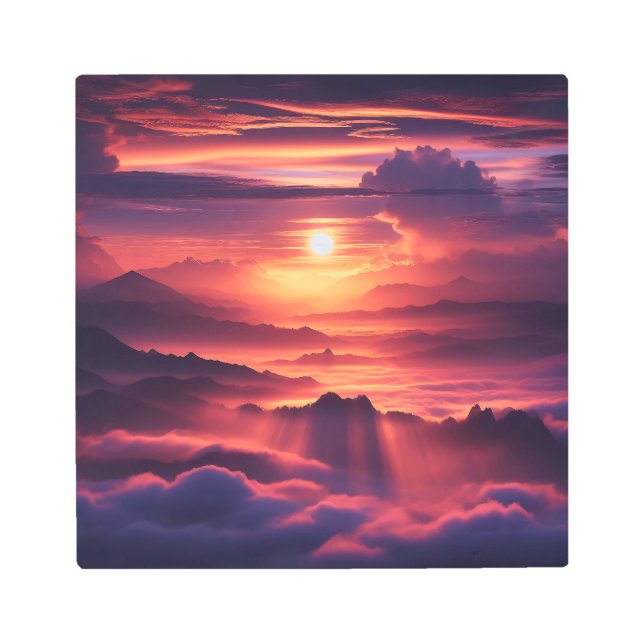 Impresión En Metal Majestad del atardecer: Paisaje etéreo sobre picos (Anverso)