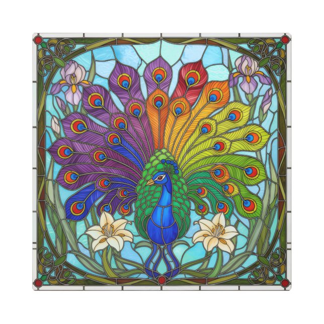 Impresión En Metal Majestic Peacock – Rainbow Stained Glass Metal Art (Anverso)