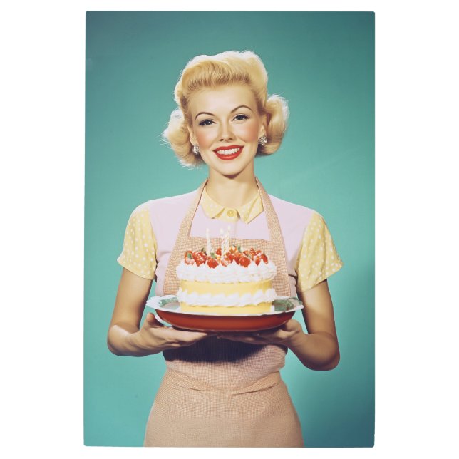 Impresión En Metal Mamá retro sostiene un pastel de celebración (Anverso)