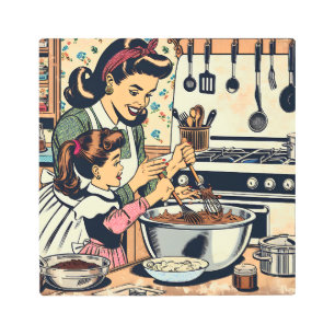 Impresión En Metal Mamá y hija retro curadas juntas