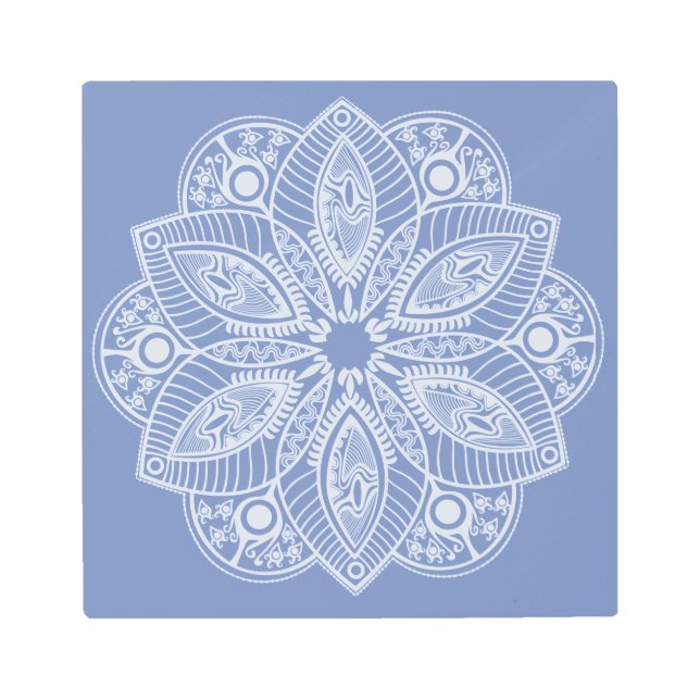 Impresión En Metal Mandala blanca exótica con fondo azul (Anverso)