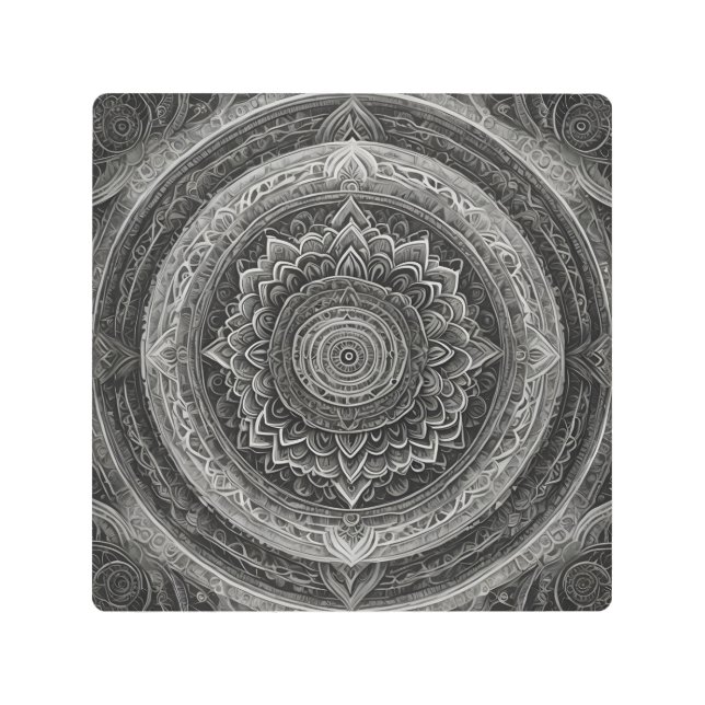 Impresión En Metal Mandala floral blanca y negra (Anverso)