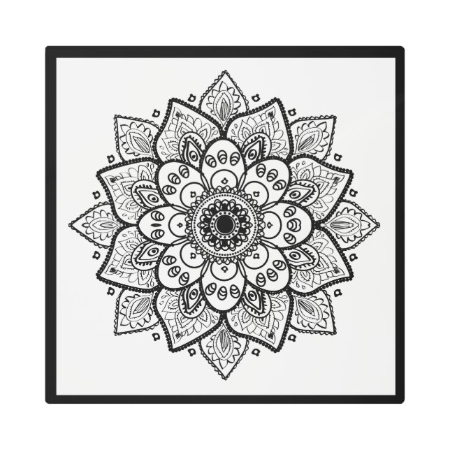 Impresión En Metal Mandala floral negra en blanco (Anverso)