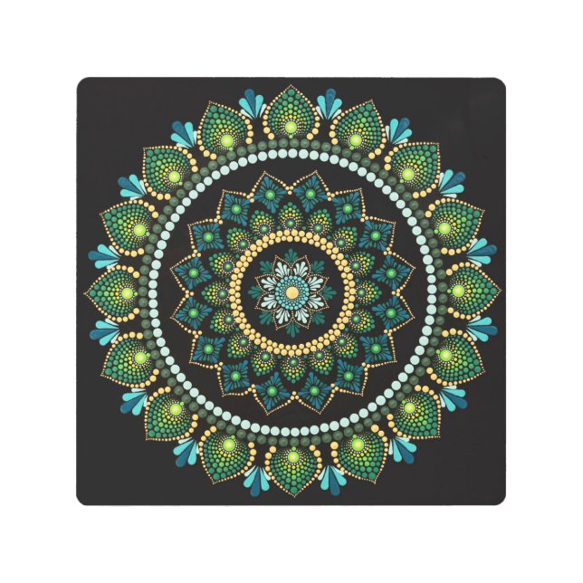 Impresión En Metal Mandala verde | Pintado a mano | Geometría sagrada (Anverso)