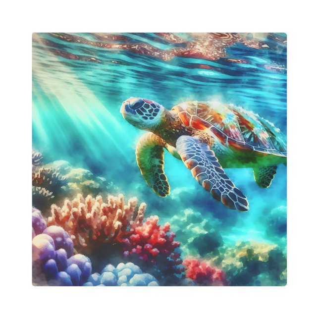 Impresión En Metal Manteniéndose en contacto | Tortuga marina nadando (Anverso)