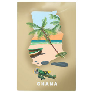 Impresión En Metal Mapa de Ghana ilustrado afiche de viajes.