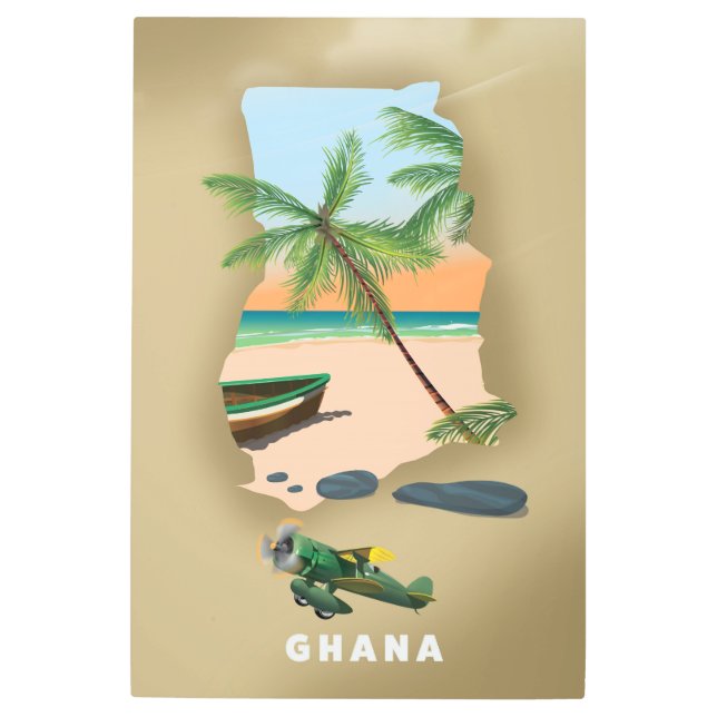 Impresión En Metal Mapa de Ghana ilustrado afiche de viajes. (Anverso)