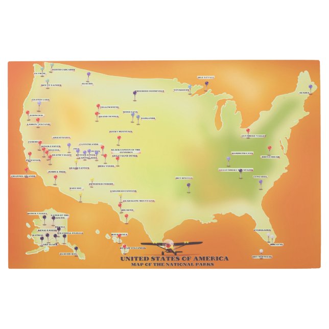 Impresión En Metal mapa de parques nacionales de los estados unidos (Anverso)