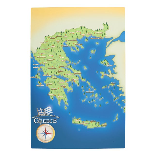 Impresión En Metal Mapa Ilustrado De Grecia. (Anverso)