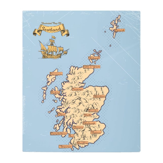 Impresión En Metal Mapa ilustrado de viajes de Escocia (Anverso)
