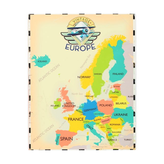 Impresión En Metal Mapa Retro De Europa. (Anverso)