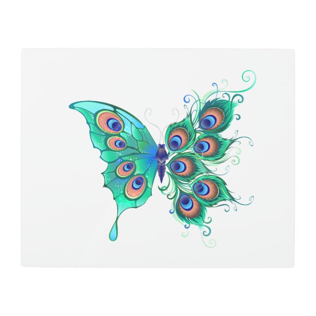 Impresión En Metal Mariposa con plumas de pavo real verde (Anverso)
