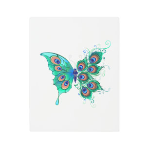 Impresión En Metal Mariposa con plumas de pavo real verde