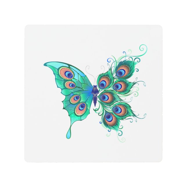 Impresión En Metal Mariposa con plumas de pavo real verde (Anverso)