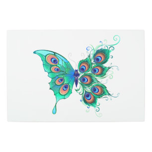 Impresión En Metal Mariposa con plumas de pavo real verde