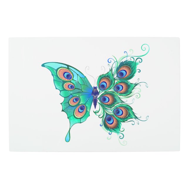 Impresión En Metal Mariposa con plumas de pavo real verde (Anverso)