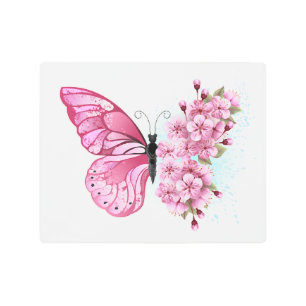 Impresión En Metal Mariposa de flores con Sakura rosa