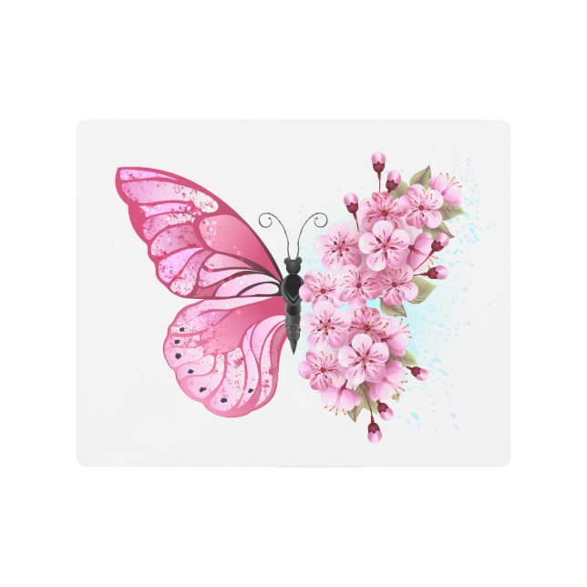 Impresión En Metal Mariposa de flores con Sakura rosa (Anverso)