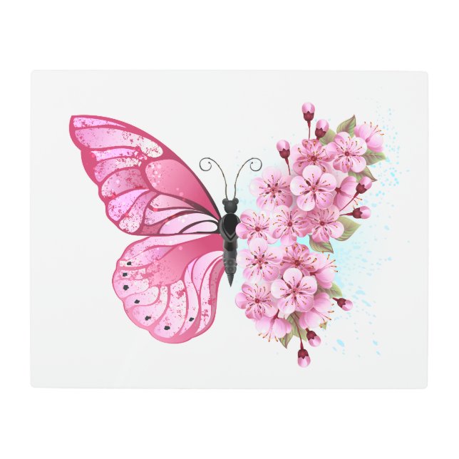 Impresión En Metal Mariposa de flores con Sakura rosa (Anverso)