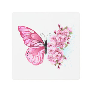 Impresión En Metal Mariposa de flores con Sakura rosa
