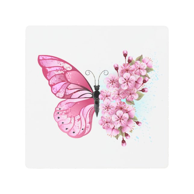 Impresión En Metal Mariposa de flores con Sakura rosa (Anverso)